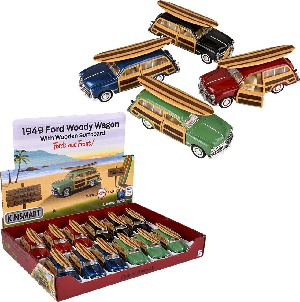 5" Diecast Pull Back 1949 Ford Woody Wagon with Surfboard