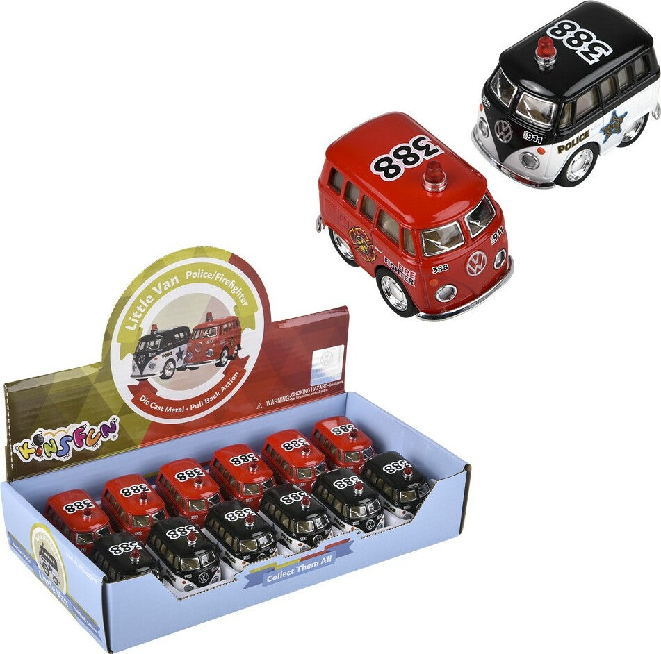 2" Diecast Pull Back VW Mini Police & Firefighter Bus - Sold Individually